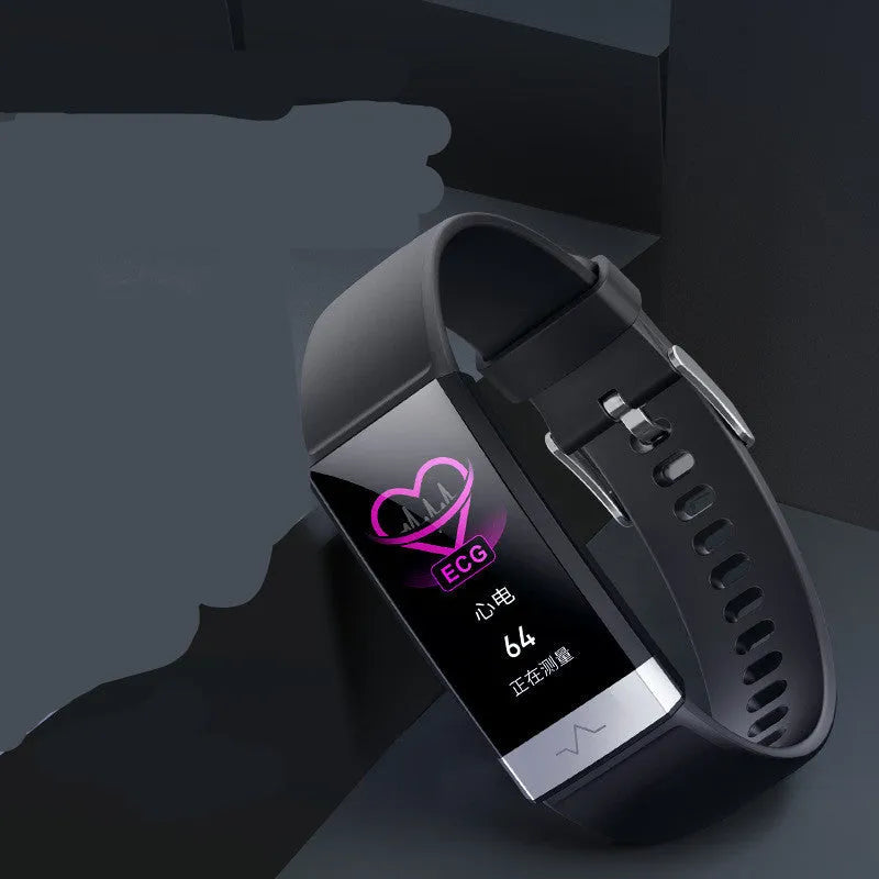 V19 smart bracelet fitness tracker with colour display shown in black, blue, and red colour options