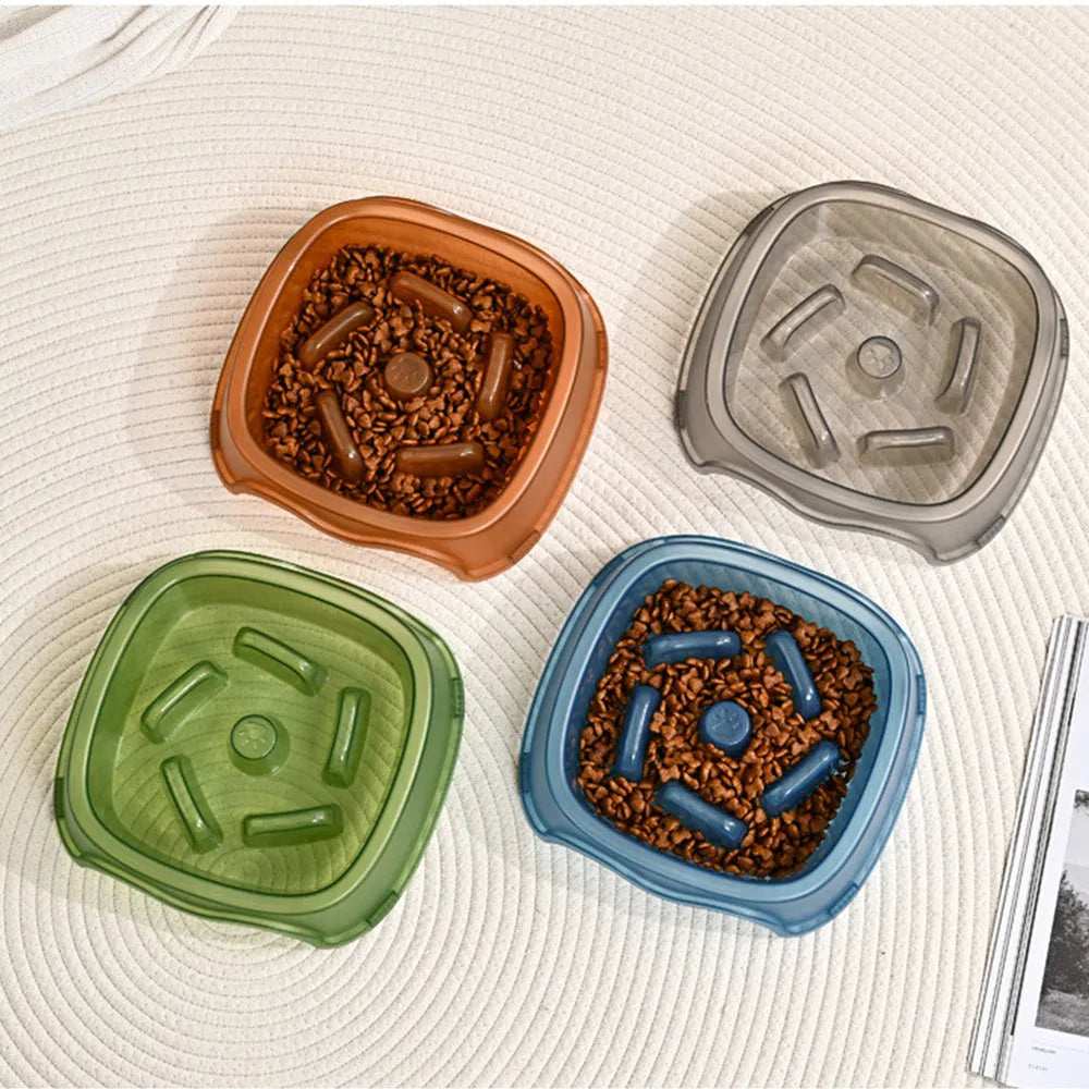 Blue slow feeder dog bowl with internal ridges to prevent fast eating and choking.