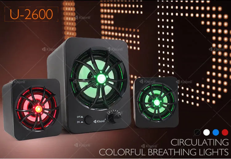Green 2.1 USB computer speaker with colourful LED lights and 150cm cable