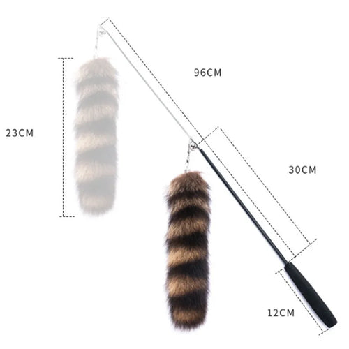 Black cat toy wand with 42cm handle, elastic string, and feather attachment for interactive play