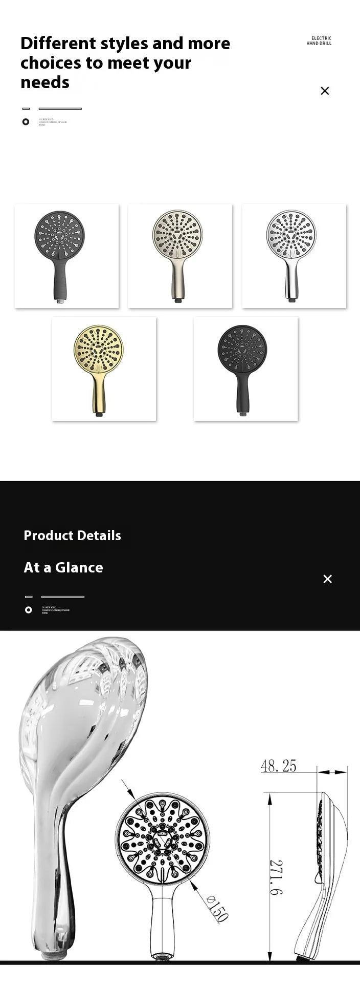 Portable handheld shower head with six function settings and an electroplated finish.
