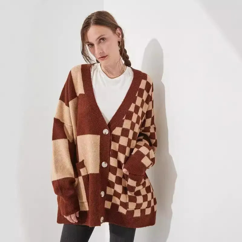 Loose fit cardigan with printed checks pattern in multiple colour options including grey, maroon and peacock blue