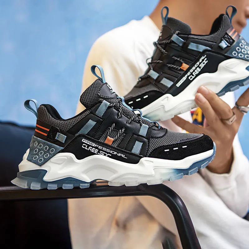 Men's daddy shoes black blue colour with microfiber leather and flying fabric upper thick sole mid heel 3-5cm round toe