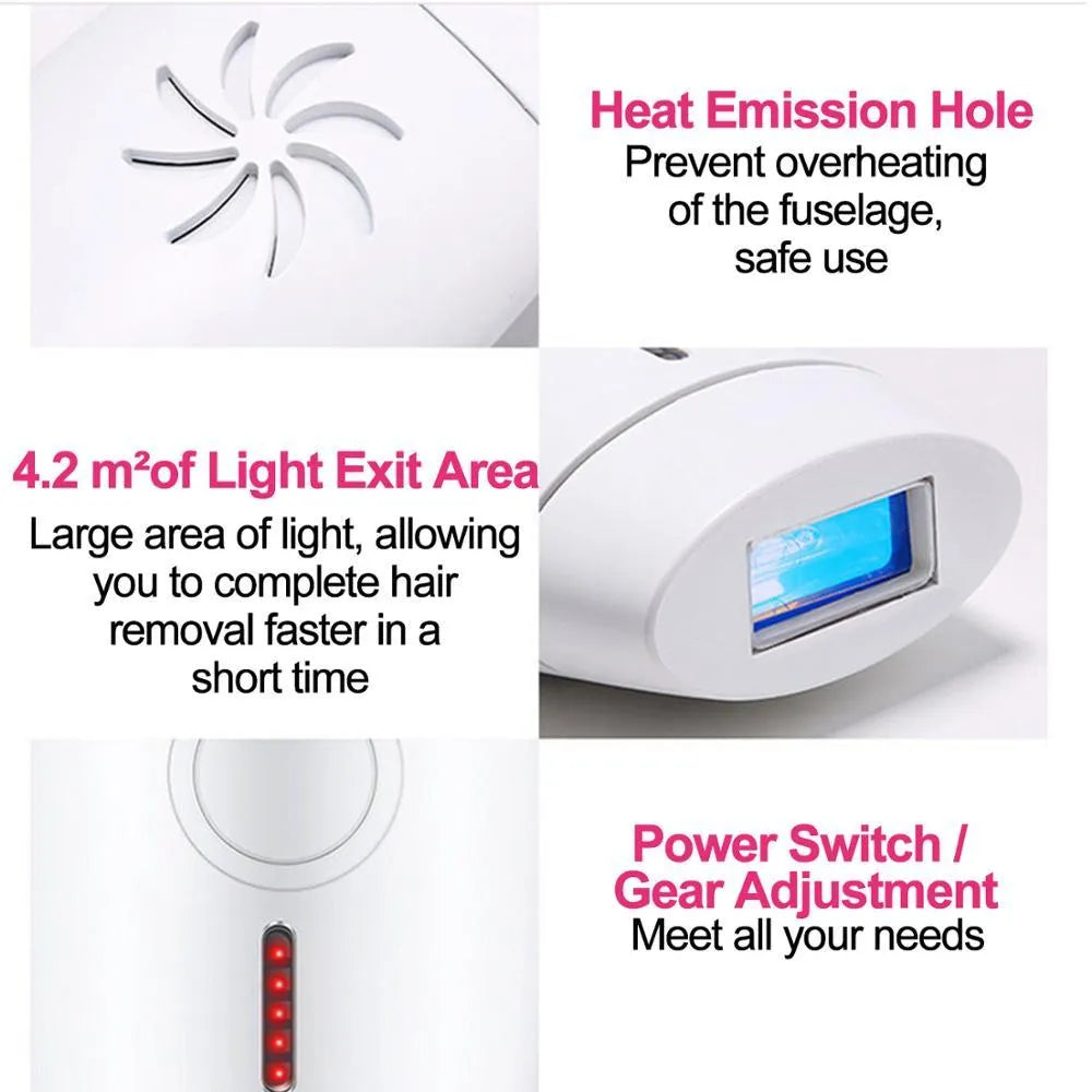White home laser hair removal device with digital display, shown next to its power adapter and packaging box.