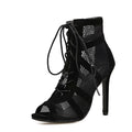 Black suede women's high heel shoes with lace-up front and 11.5cm stiletto heel