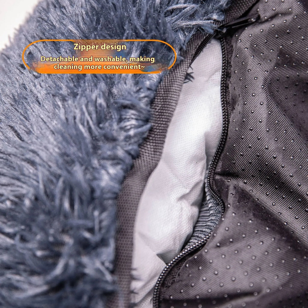 Cloth winter thermal pet mat for car seats in beige or dark grey.