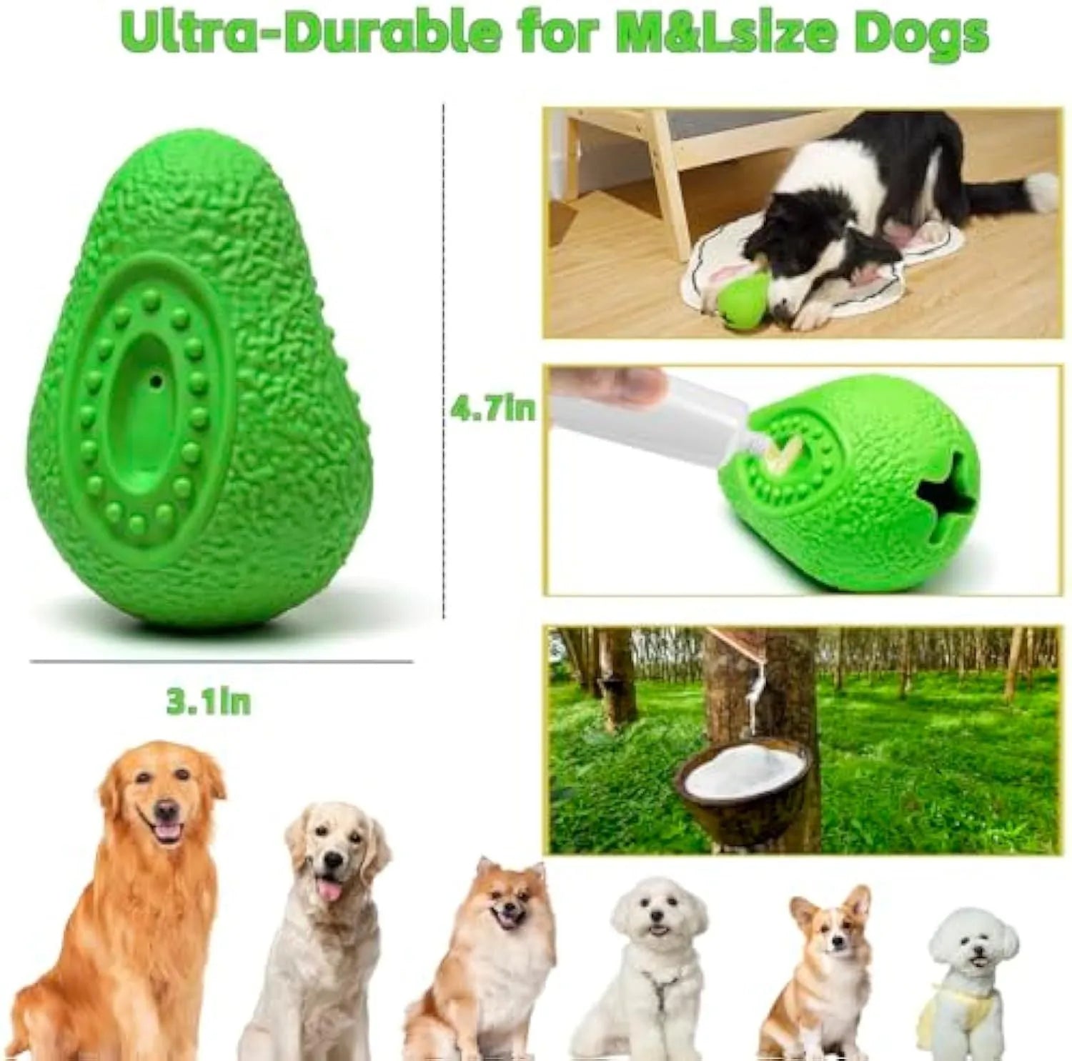 Green natural rubber dog chew toy with avocado shape and textured surface for aggressive chewers