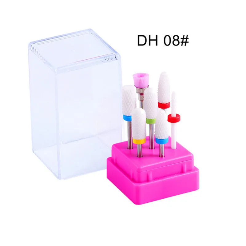 Tungsten steel nail drill bit set with 7 pieces including bits and brush in a clear case.