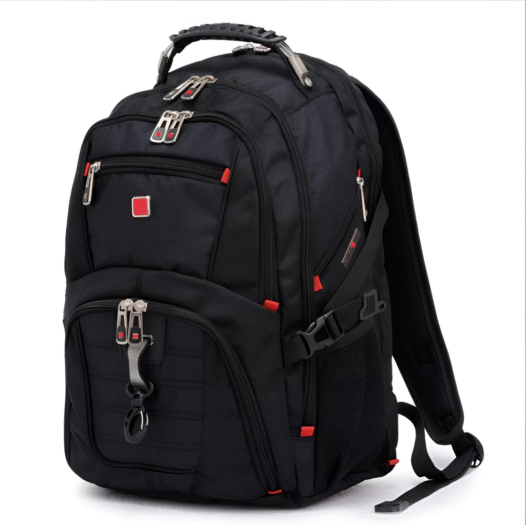 Black business computer backpack open to show three internal compartments and laptop sleeve.