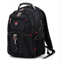 Black business computer backpack open to show three internal compartments and laptop sleeve.