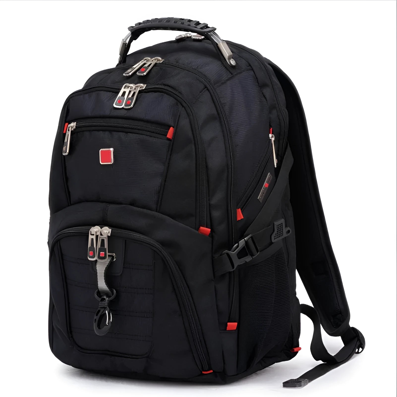 Black business computer backpack open to show three internal compartments and laptop sleeve.