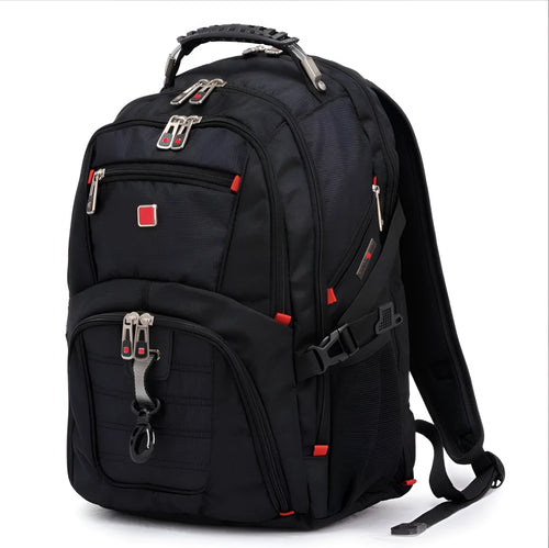 Black business computer backpack open to show three internal compartments and laptop sleeve.