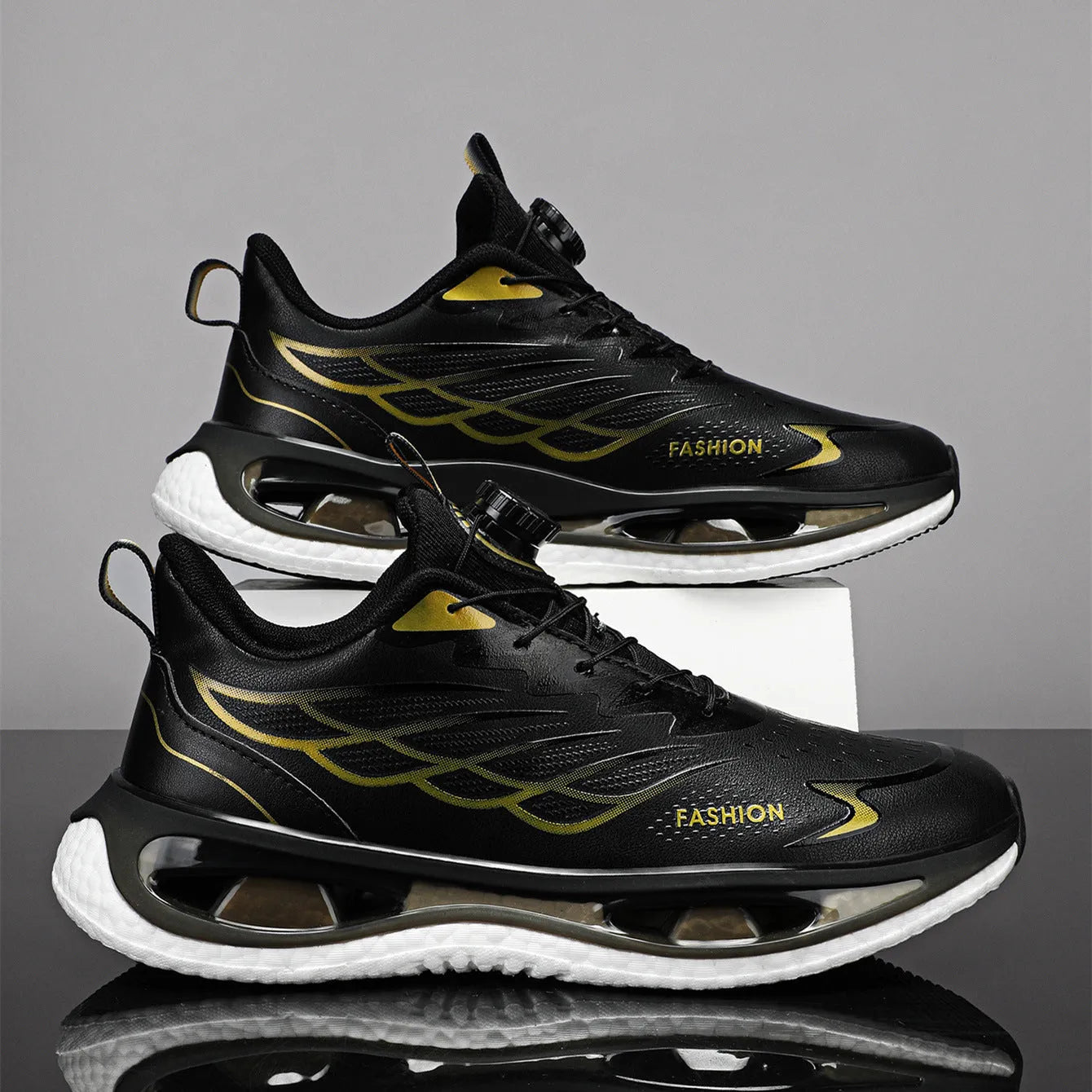 Men's low-top rotating button sneakers with shock absorption in mesh or leather options