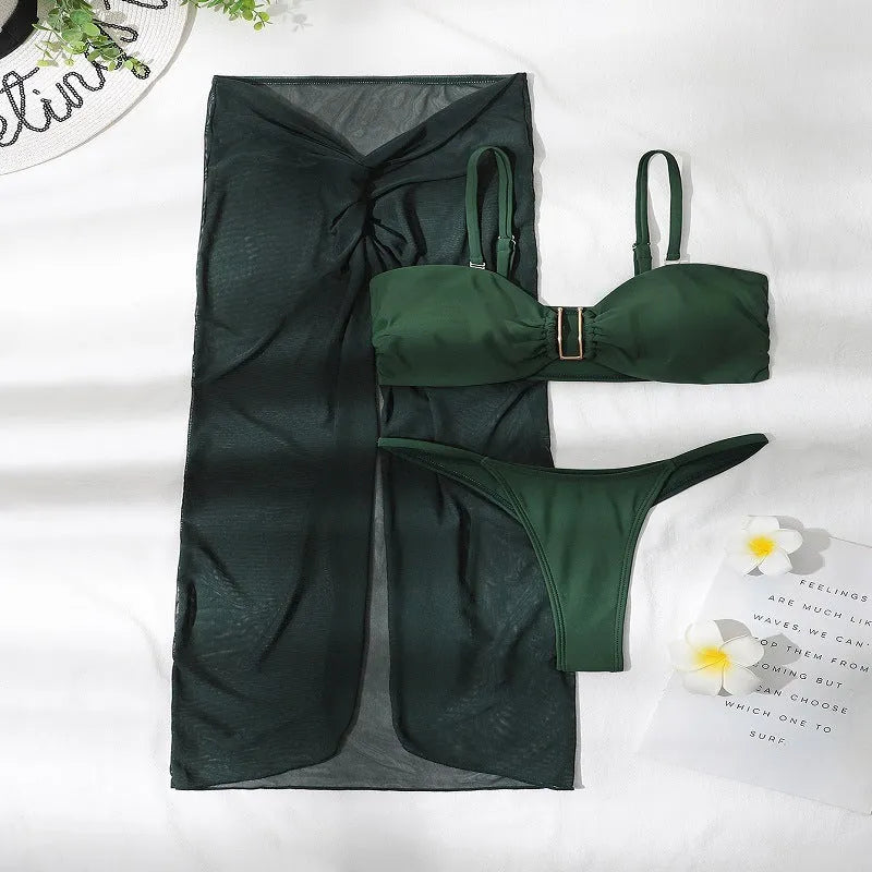 Women's solid colour three-piece bikini set with long culottes skirt, bra, and panties