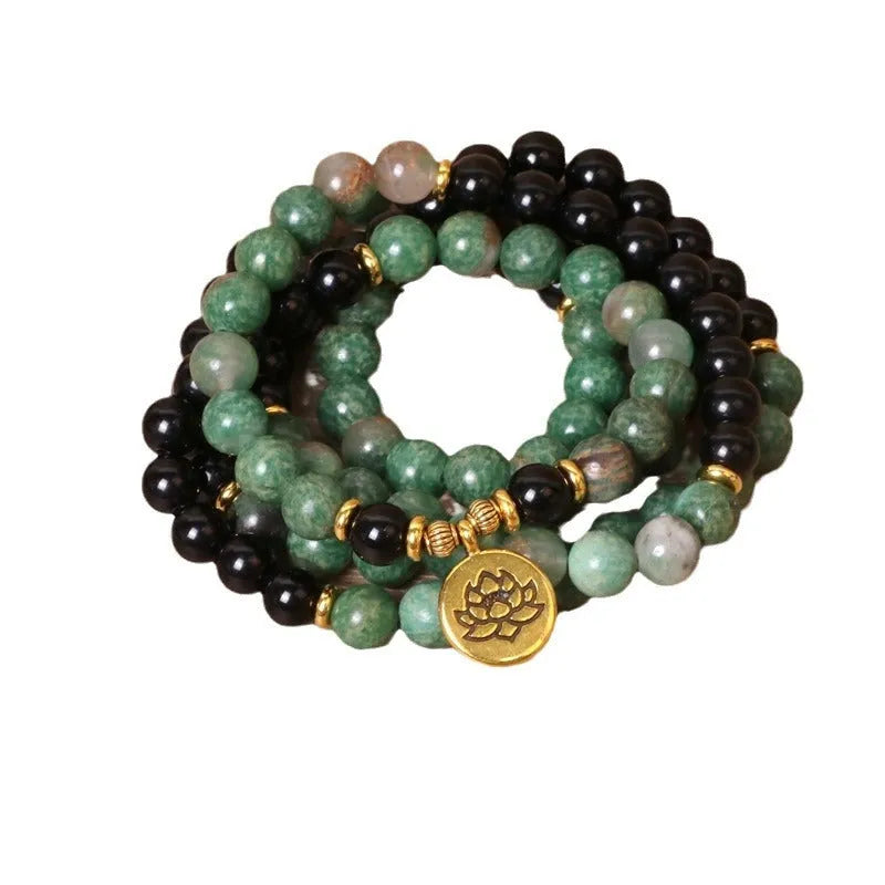 Green and black alloy elastic beaded long bracelet with stretch band