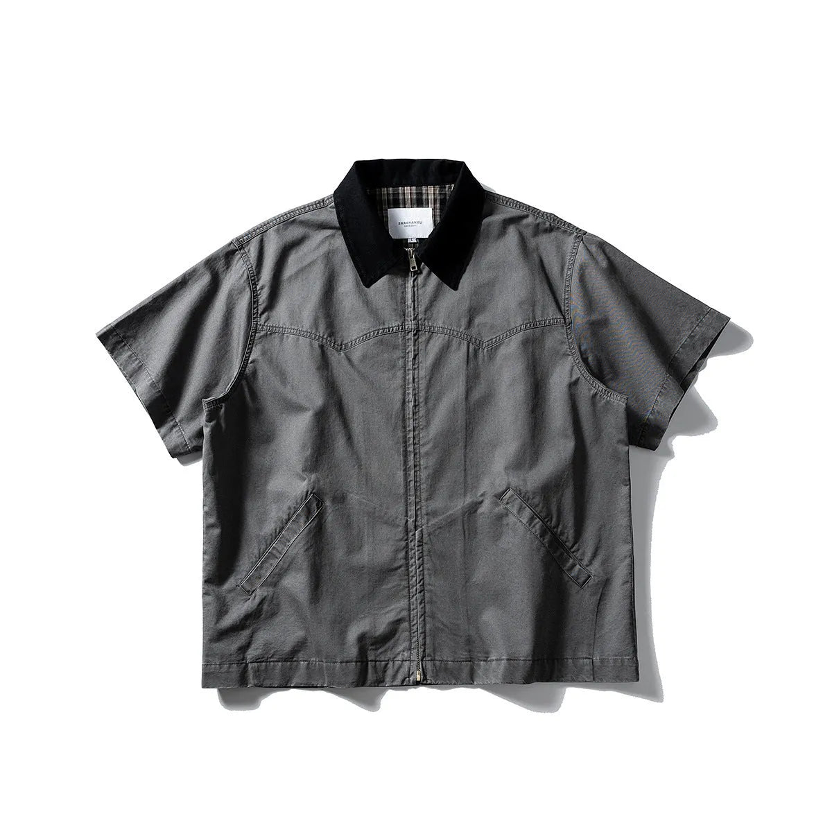 Men's washed cotton overall shirt with short sleeves in loose fit cardigan style, shown in khaki colour