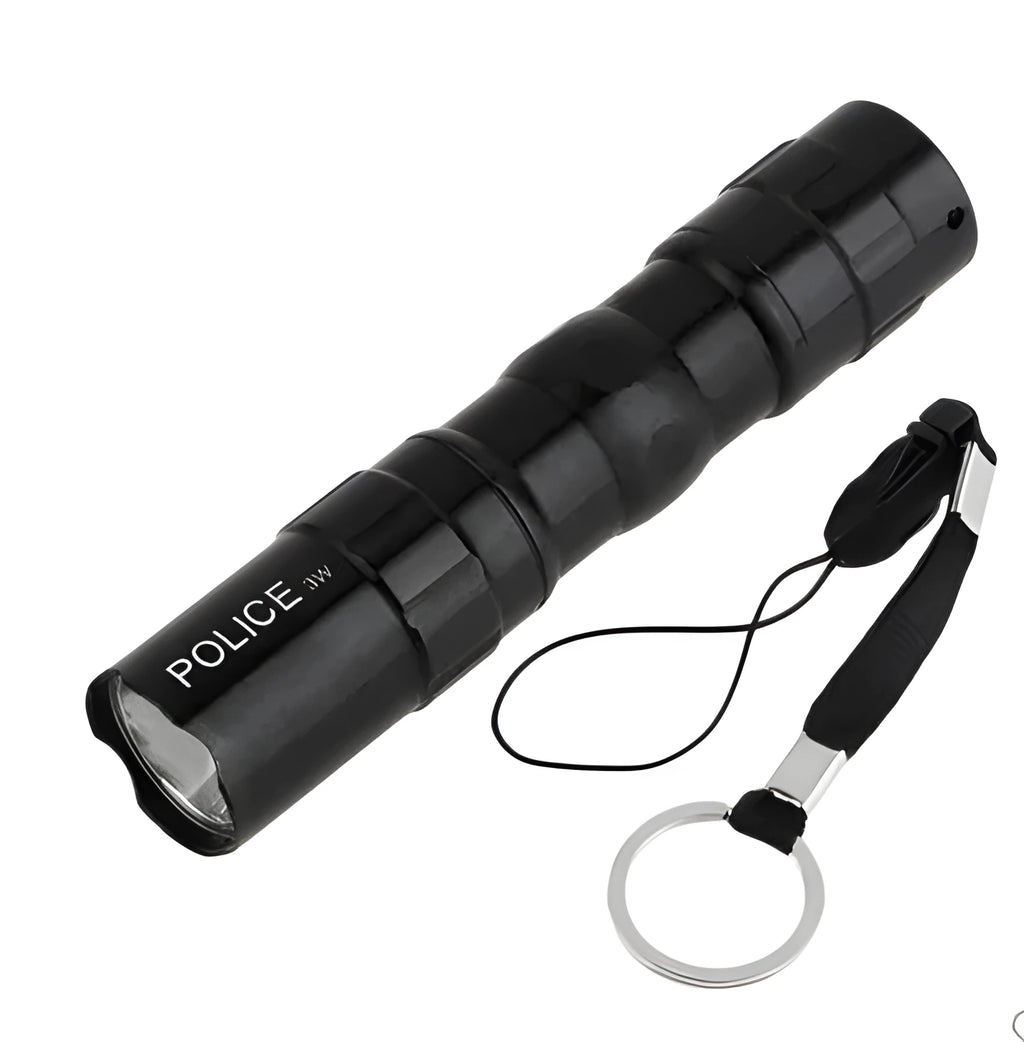 Black aluminium alloy mini LED flashlight showing compact size next to a AA battery for scale.