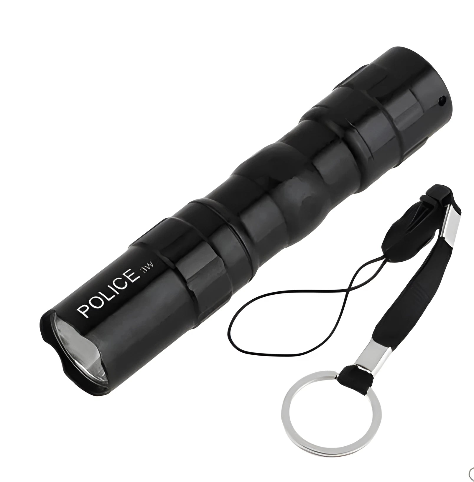 Black aluminium alloy mini LED flashlight showing compact size next to a AA battery for scale.