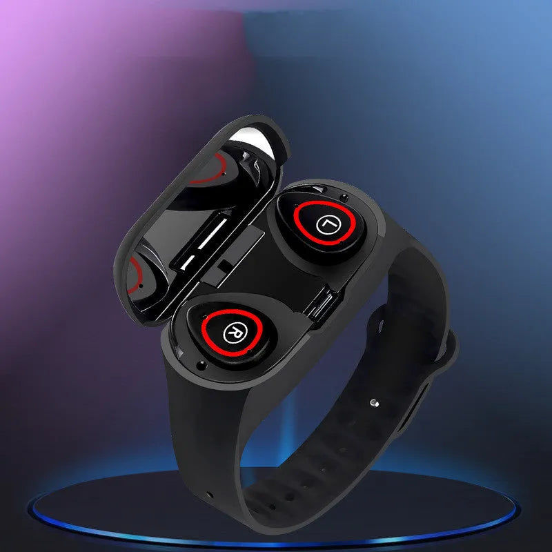 Blue smart bracelet and wireless earphone combo with 1-inch screen on a silicone wristband.