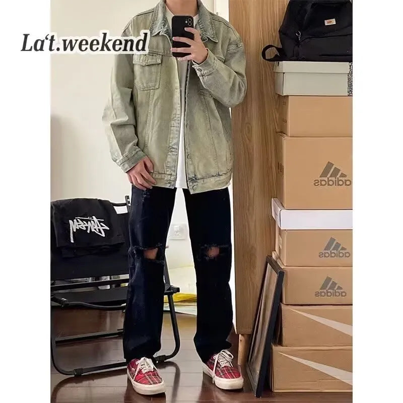 Men's washed workwear retro denim jacket in slim fit polyester fabric, regular length, long sleeves, available in multiple colours