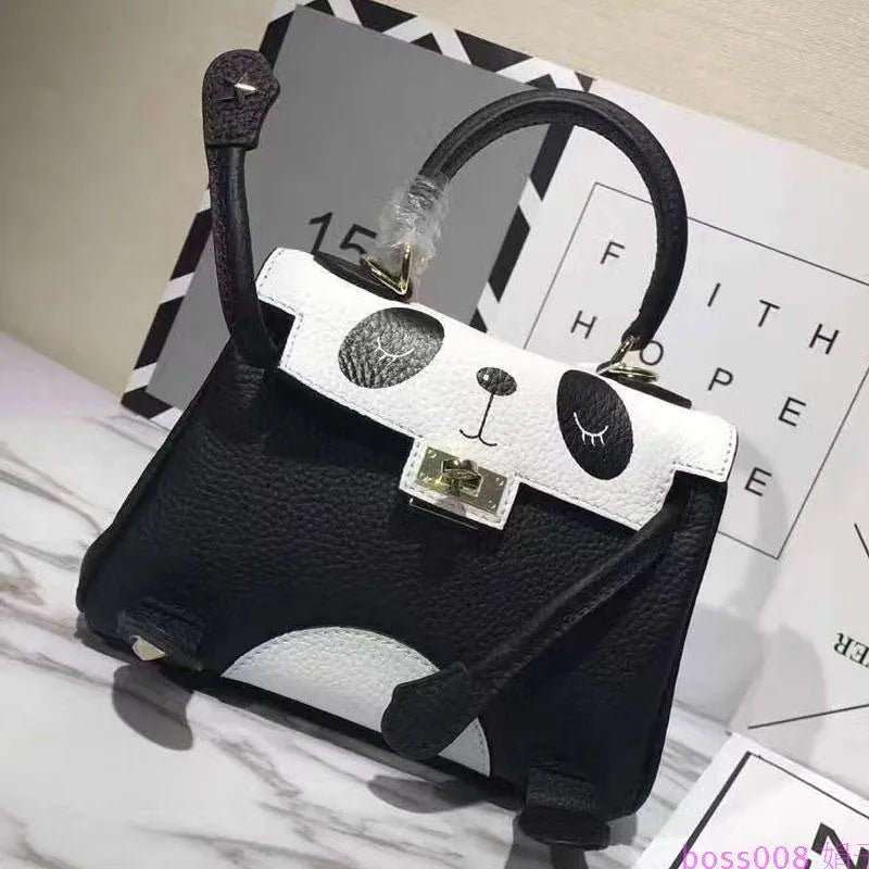 Panda print cowhide leather handbag in horizontal square shape showing animal pattern