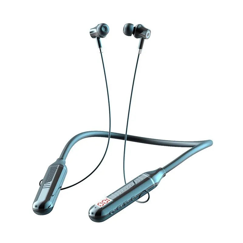 Neck-hanging wireless Bluetooth sports headphones showing power display card function and available in black, red, purple or green colours