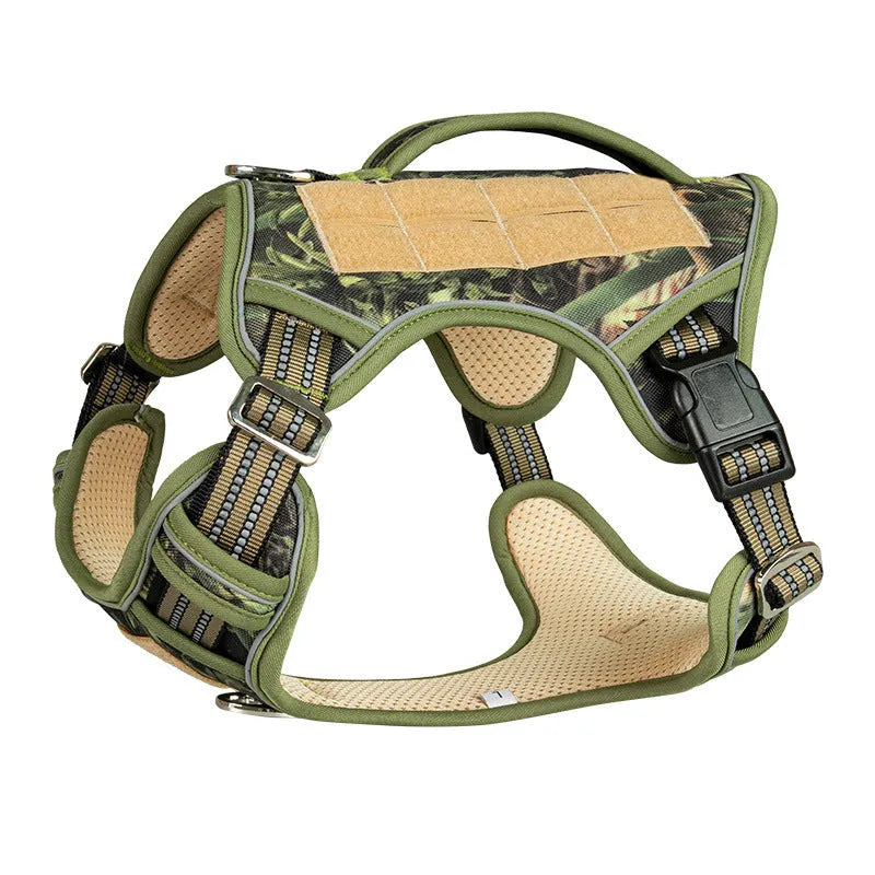 Tactical dog chest harness in Oxford cloth for search and rescue work, shown in camouflage colour.