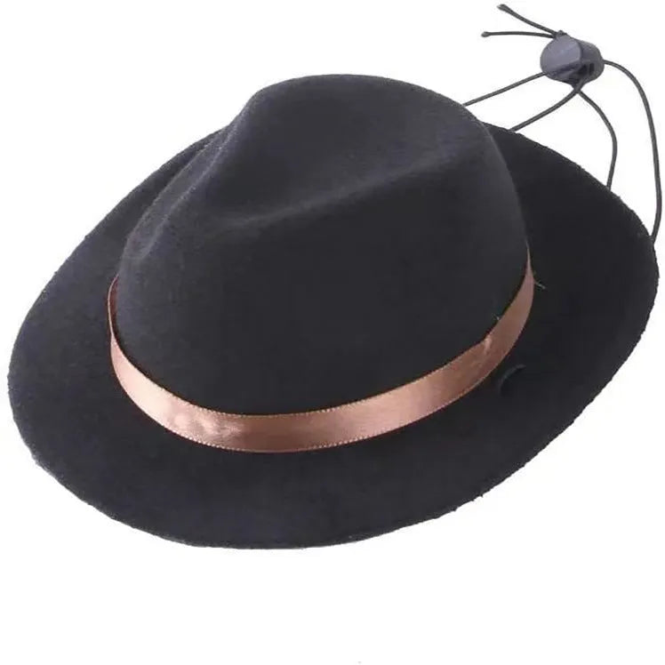 Small pink wool felt pet sun hat with hairpin accessory on white background
