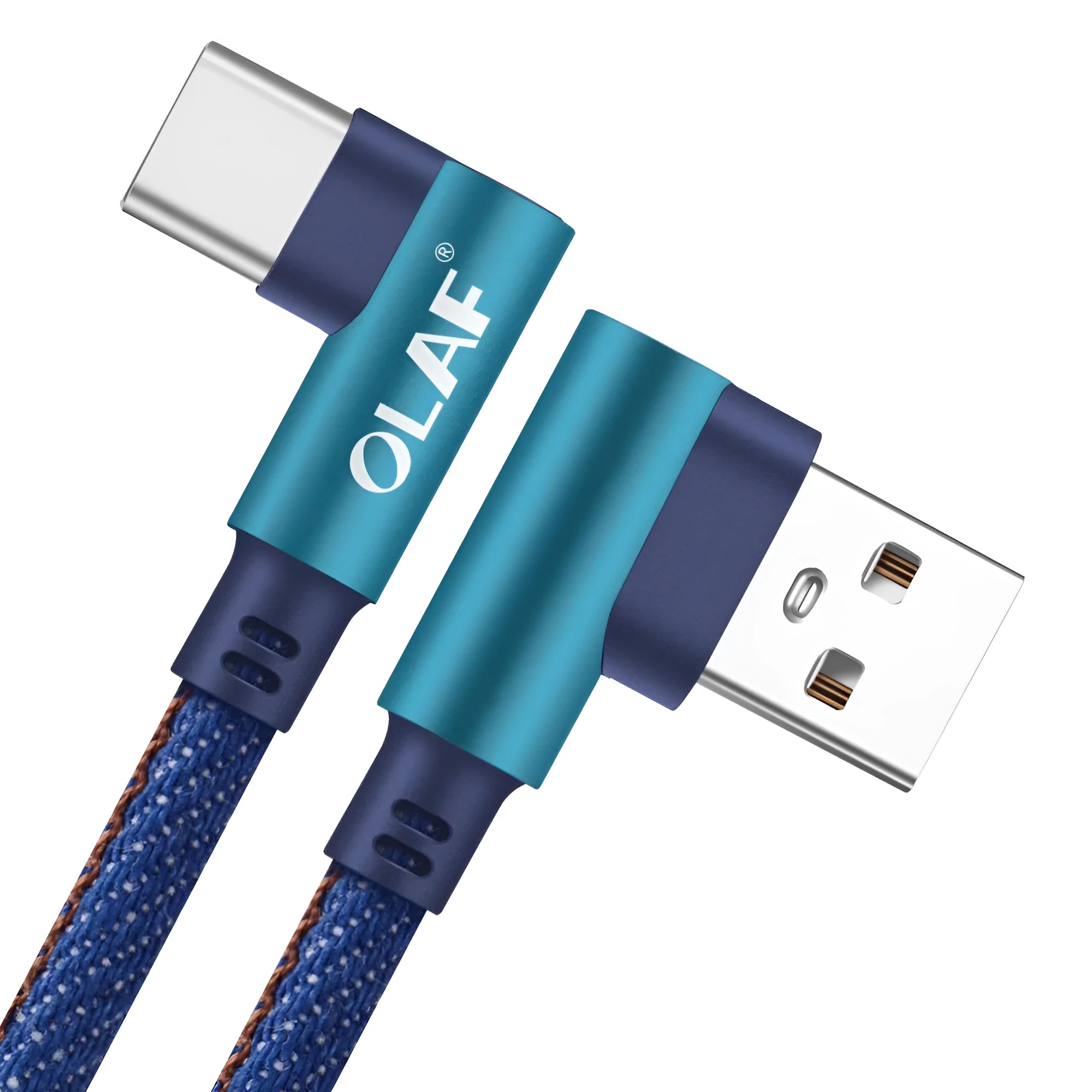 Fast charging USB cable with denim textile exterior and aluminium connectors in black, blue, and red.