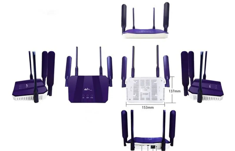 Blue 4G dual mode router with four external antennas showing EU and US model variants