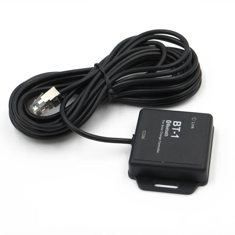 BT-1 model solar panel charge controller with Bluetooth module for 12V/24V battery systems.