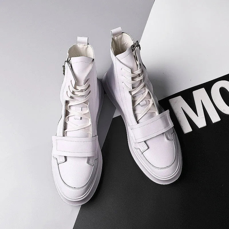 Men's black and white high-top style winter ankle boots made from PU leather and microfiber.