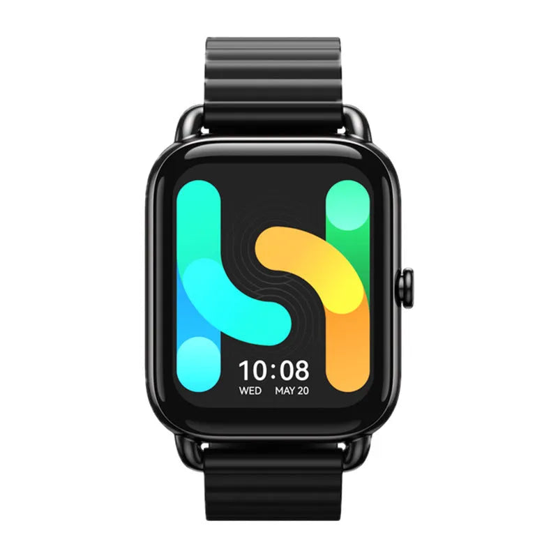 HAYLOU RS4 Plus smartwatch in Black, Champagne, or Silver on wrist showing AMOLED display.