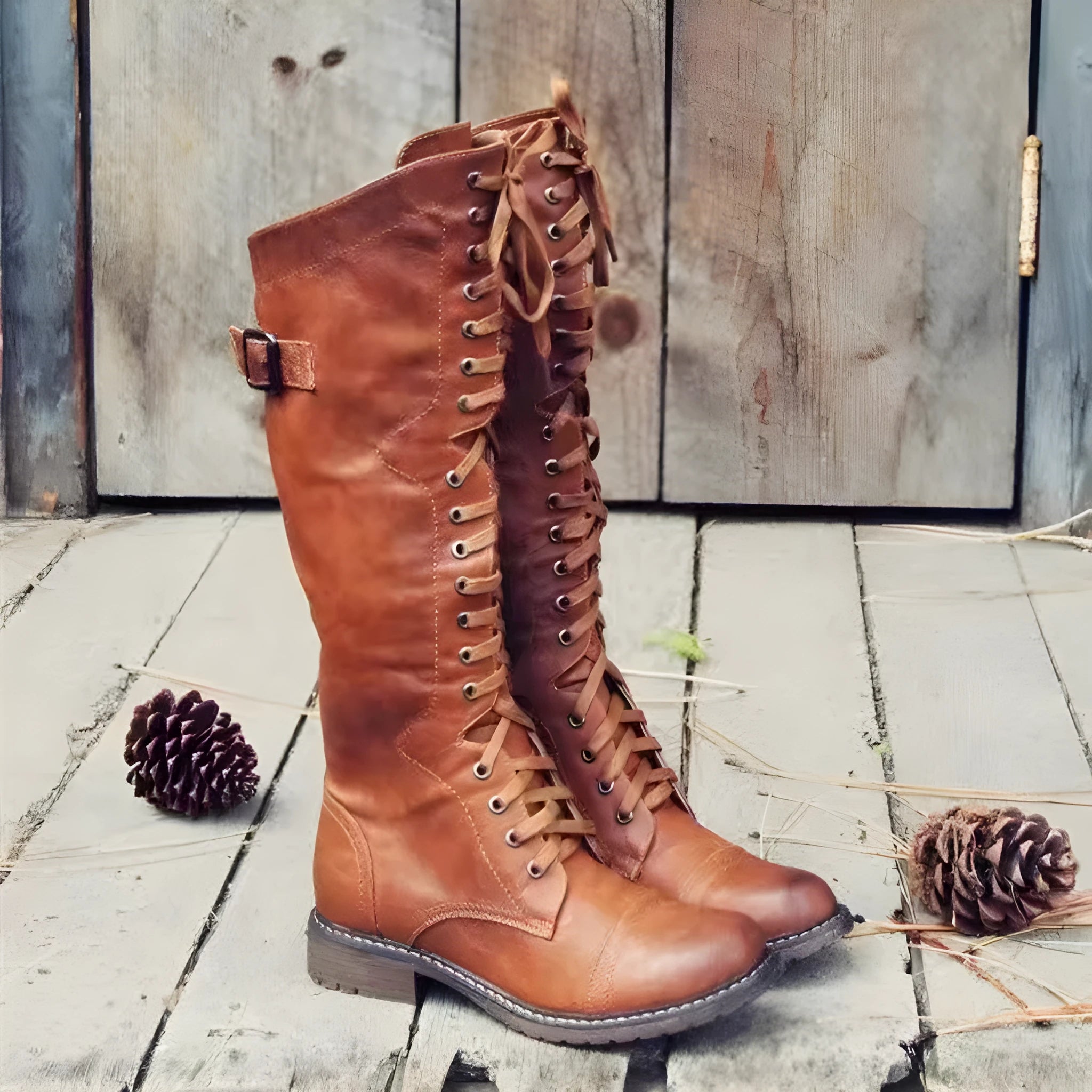 Women's black chunky heel high-leg boots with a round toe and low block heel on a plain background.