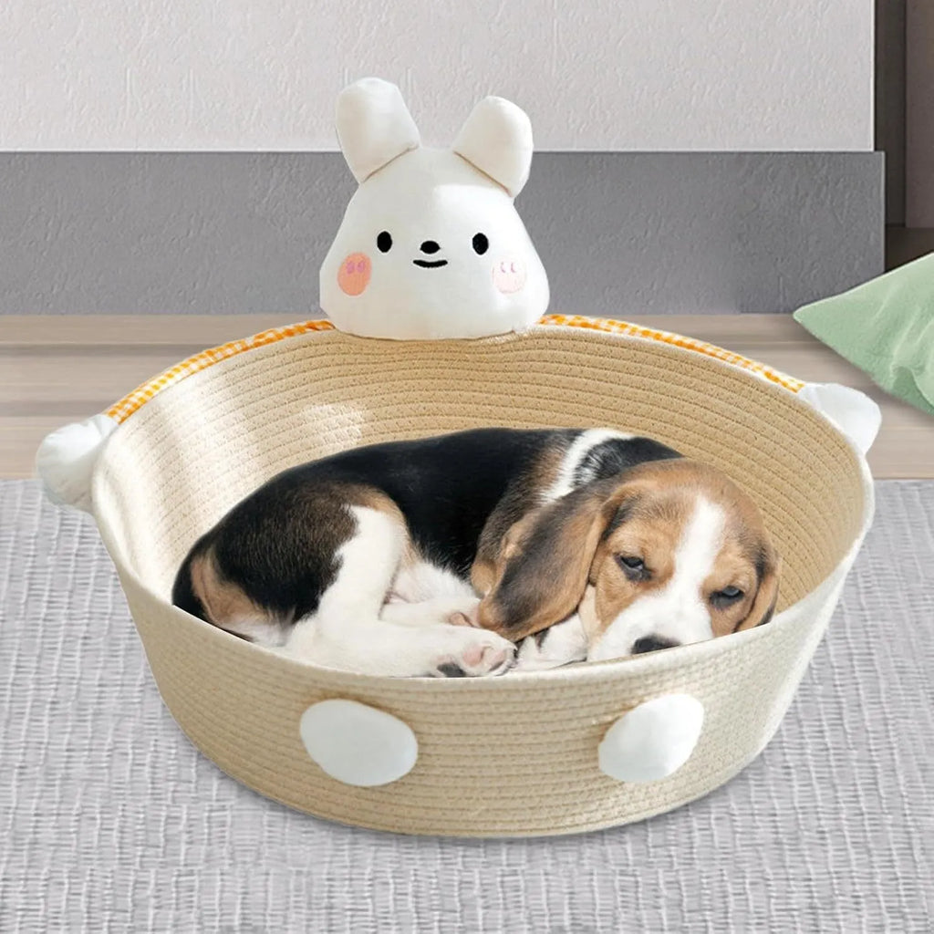 Woven cotton rope pet basket functioning as a cat bed, scratcher, and storage container in a natural colour.
