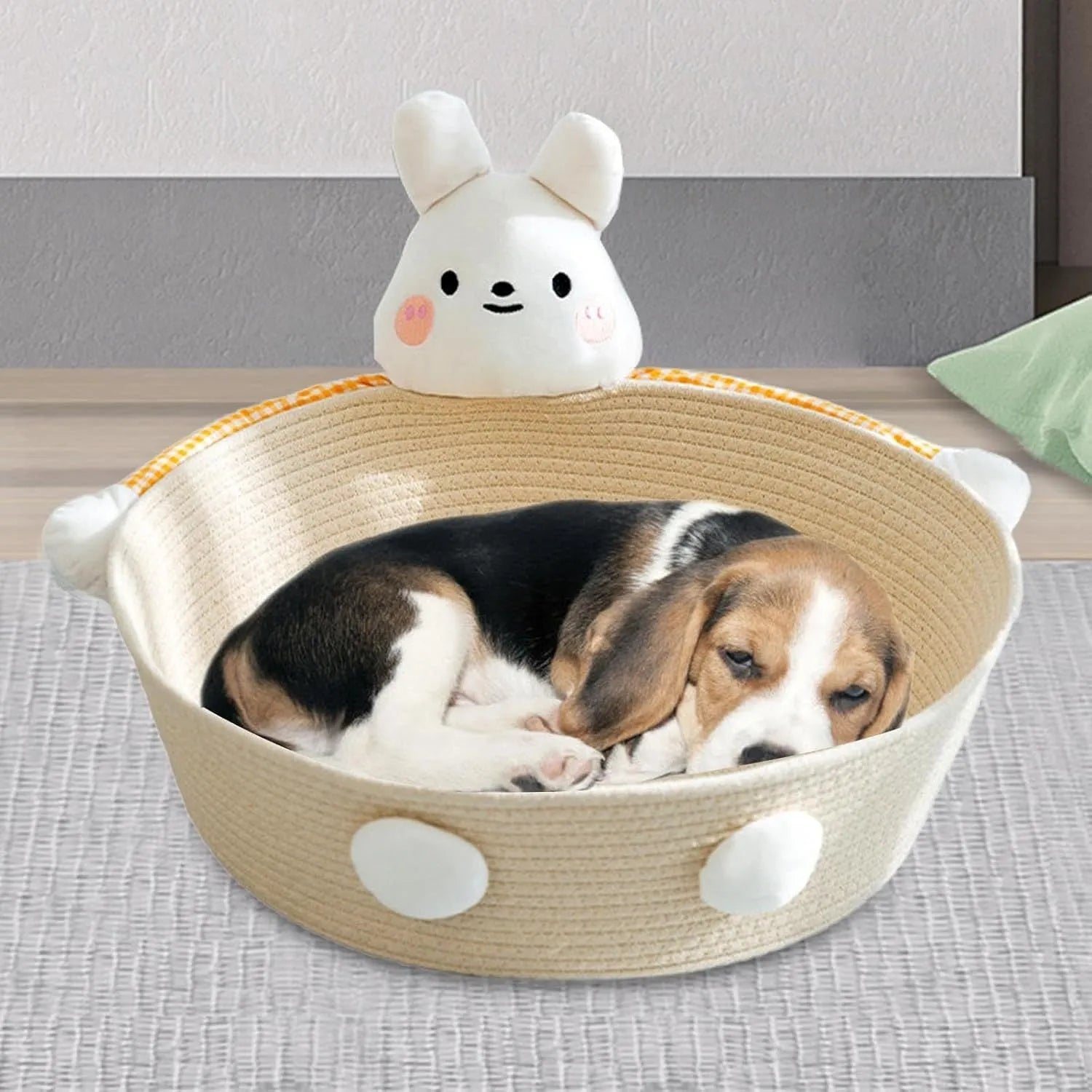 Woven cotton rope pet basket functioning as a cat bed, scratcher, and storage container in a natural colour.