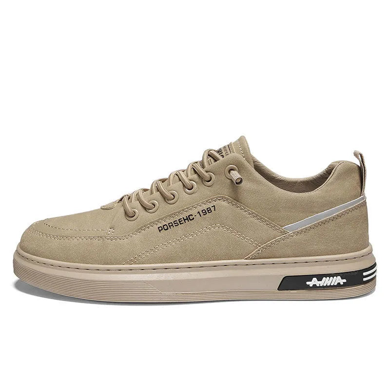 Men's low-top casual shoes in khaki with round toe, rubber sole, and artificial PU upper.