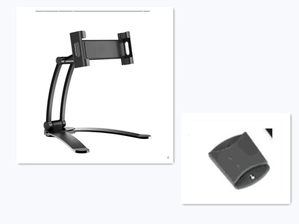 Silver aluminium alloy desktop tablet stand holding a tablet at an adjustable angle with a white mounting base.