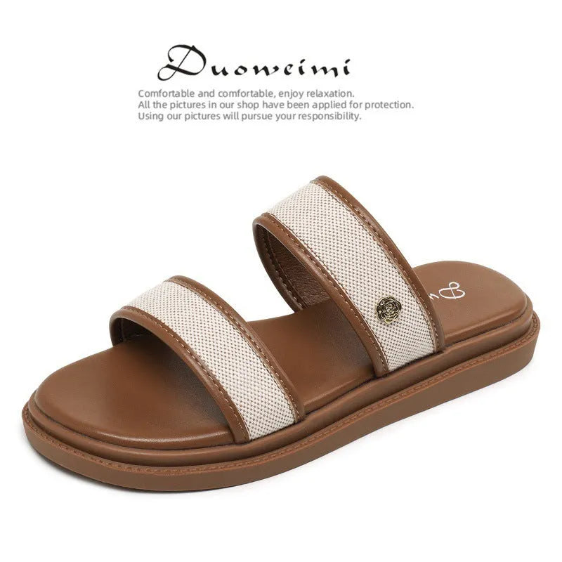 Women's brown vintage soft bottom flip-flops with artificial PU upper