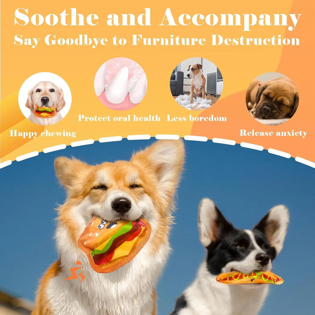 Crinkle and squeaky dog toy in hamburger, fries, hot dog, and pizza shapes.