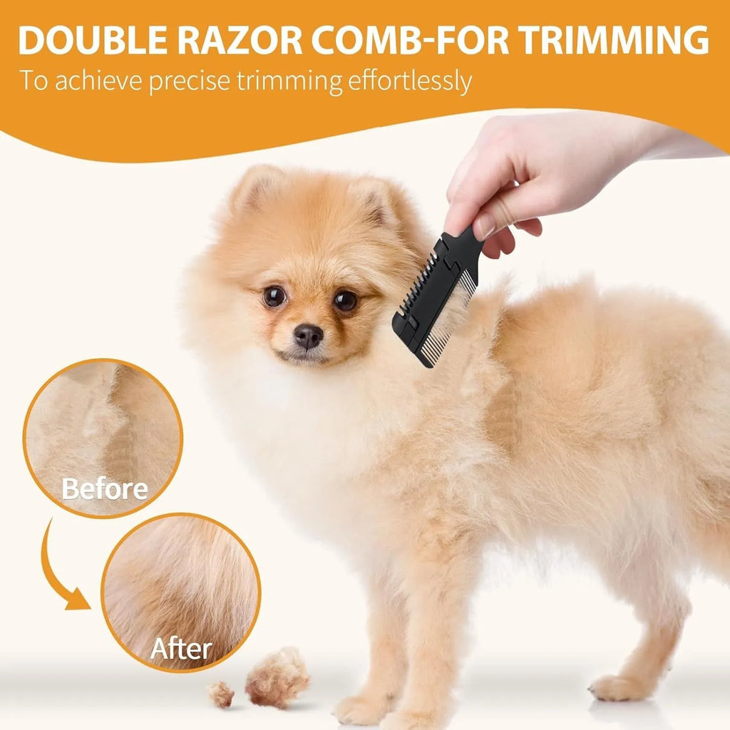 Pet razor comb for dogs and cats with built-in trimming blade and spare blades.
