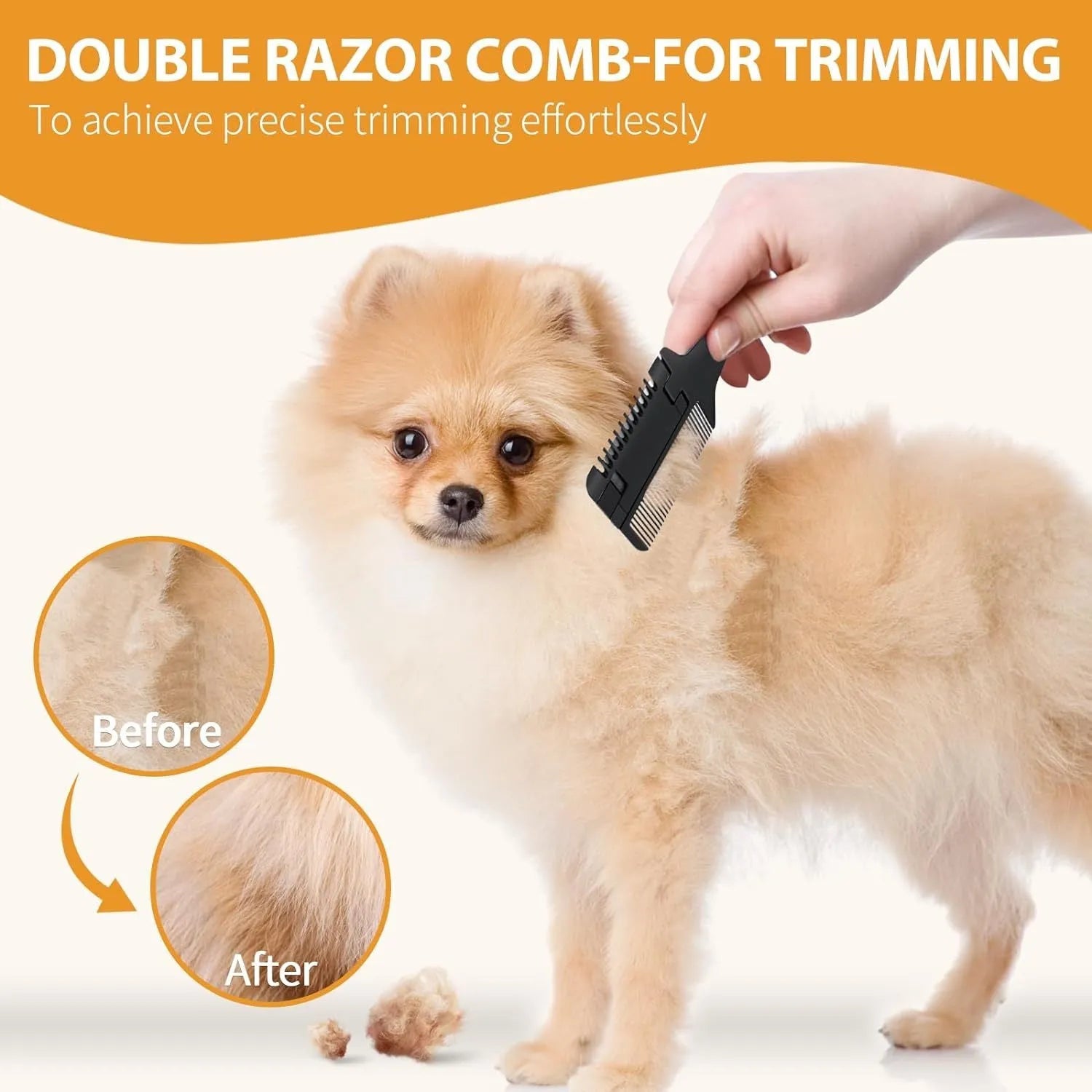 Pet razor comb for dogs and cats with built-in trimming blade and spare blades.