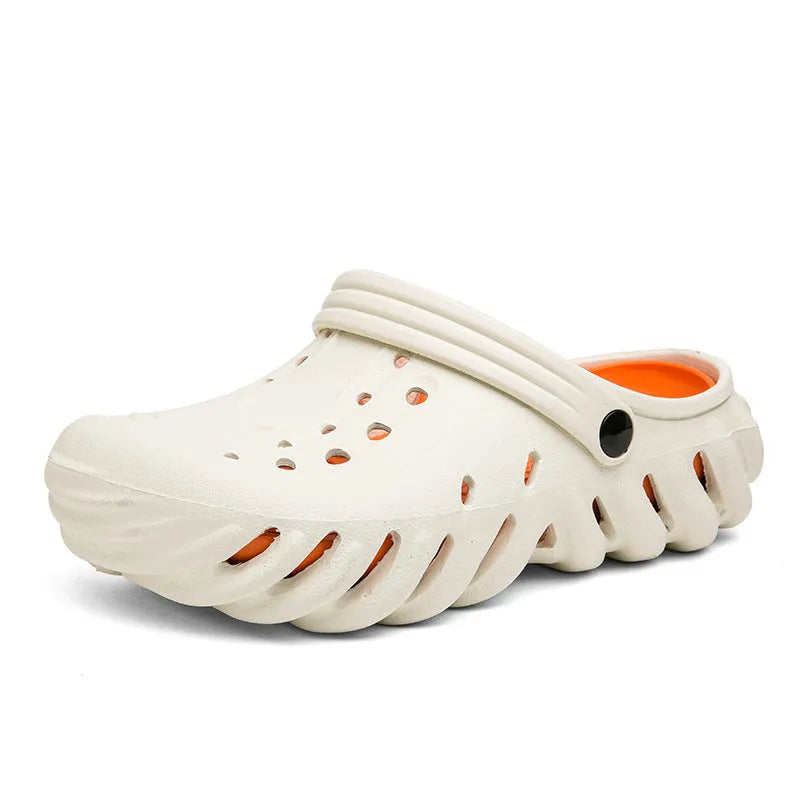 Men's beige hollow out design EVA slippers sandals with round toe and non-slip sole