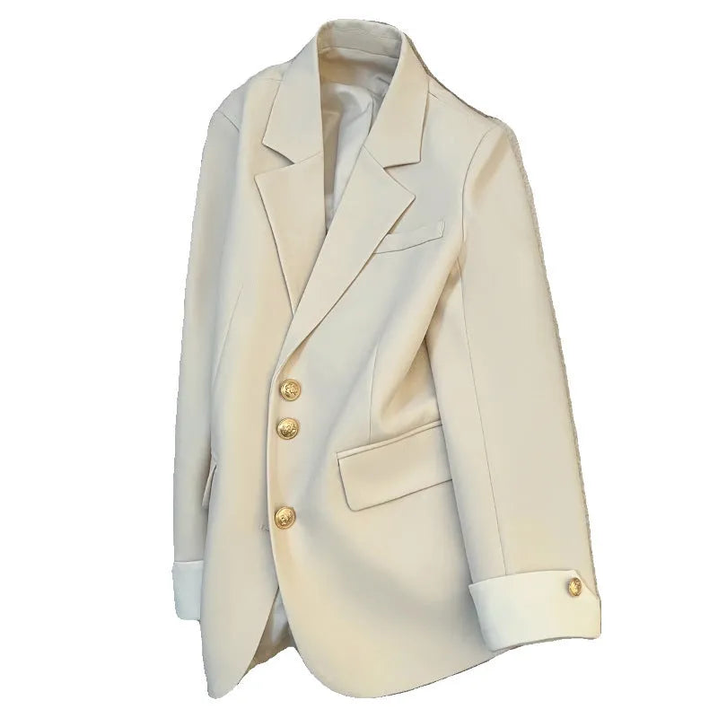 Women's medium-length loose polyester coat in milky white with pockets and regular long sleeves
