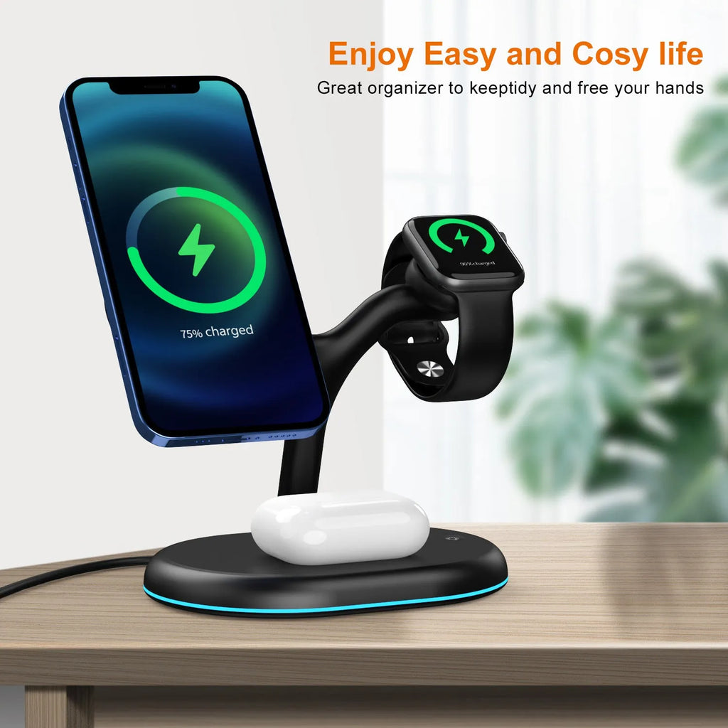 Black three-in-one magnetic wireless charger with 15V output