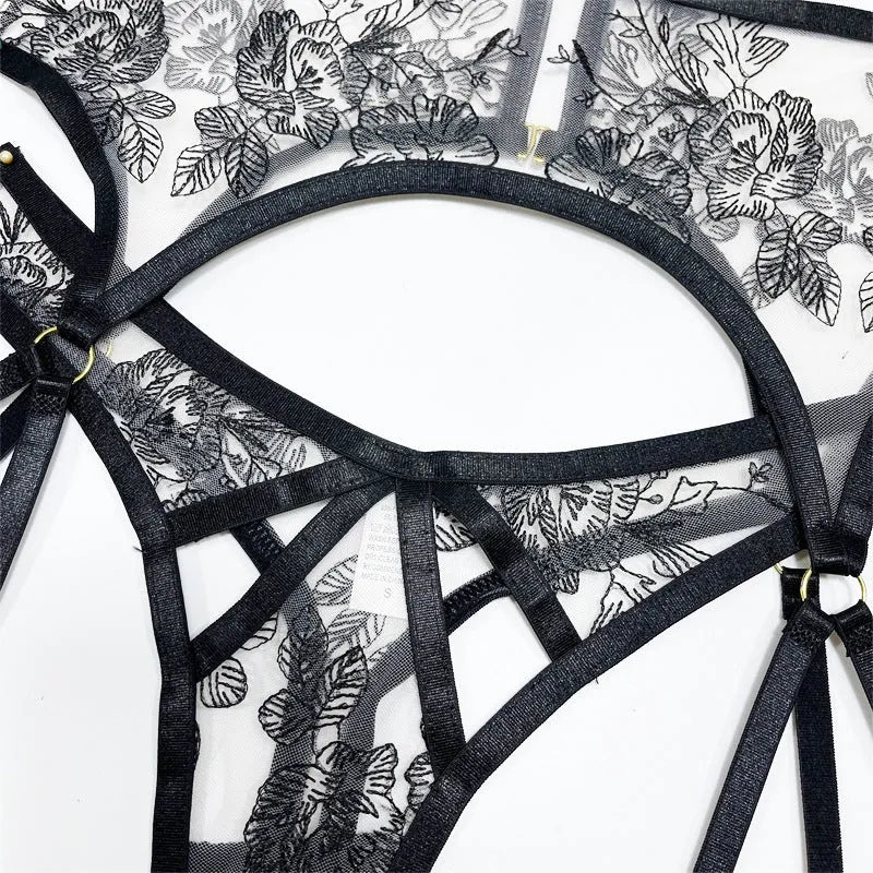 Black lace three-piece set for women including top, pants, and waist ring