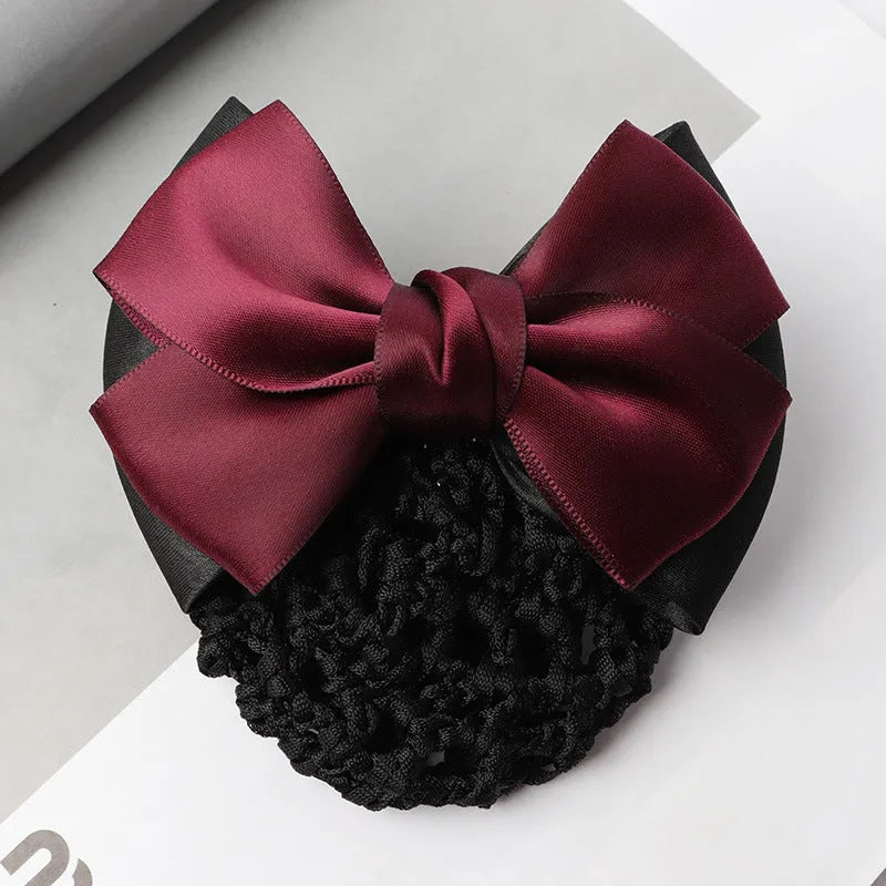 Professional waitress hair net with double bow clip in various colours including black, red, and blue mesh
