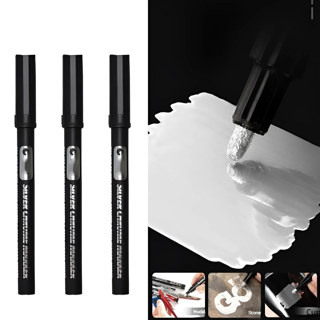 Waterproof mirror marker pen with plastic body, shown with 1mm and 2mm tip size options.