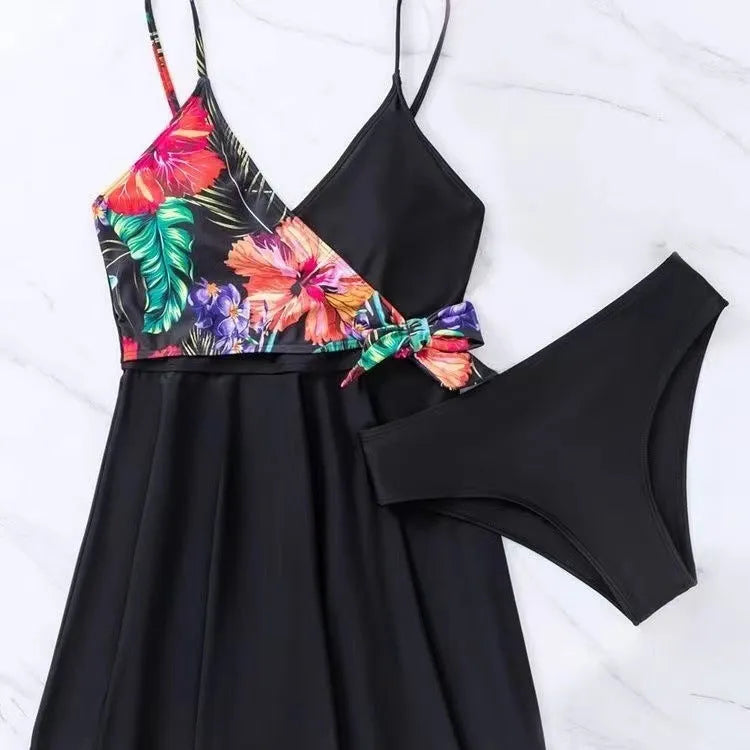 Black women's high waist briefs bikini with printed split design for sports and swimming