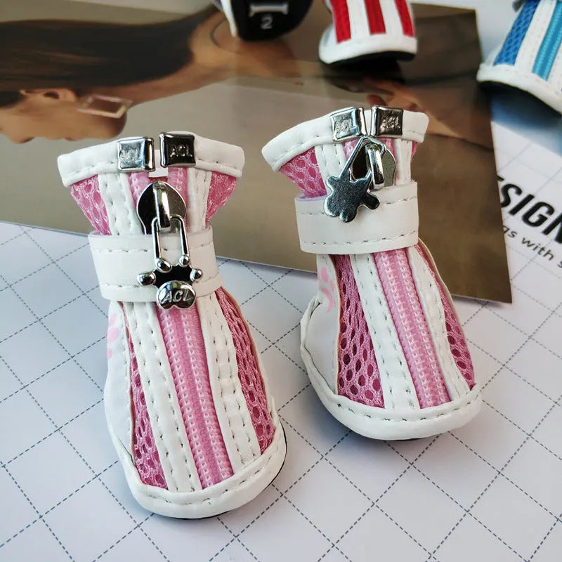Blue zipper closure cloth dog shoes with non-slip soles for small breeds.